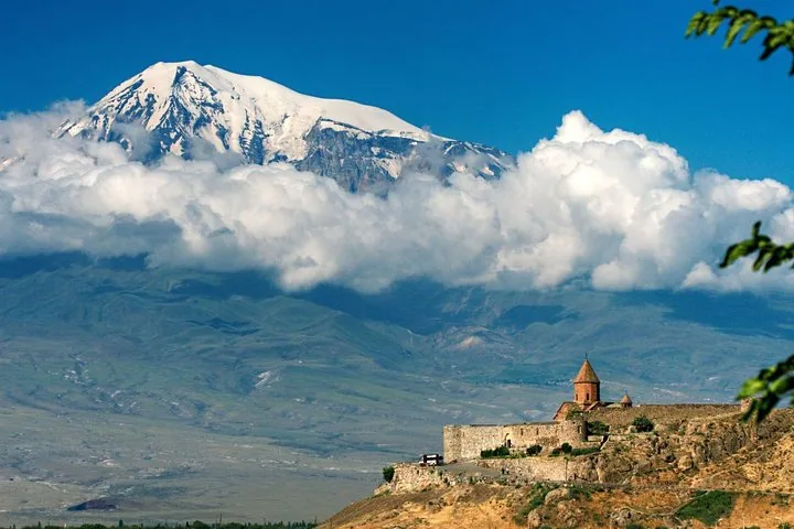 Khor Virap monastery against the backdrop of snow-capped Mount Ararat.